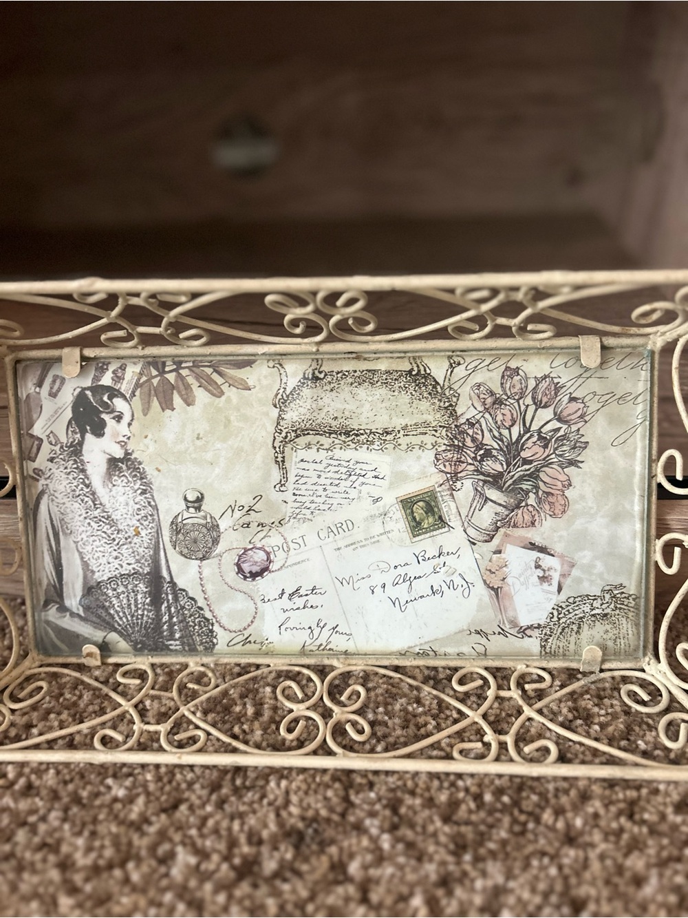 Vintage Floral Postcard Decorative Tray in Cream and Tan